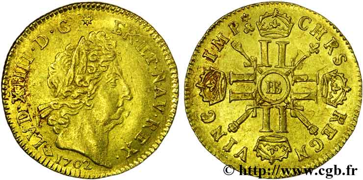 LOUIS XIV  THE SUN KING  Louis d’or aux huit L et aux insignes 1702 Strasbourg SS/VZ