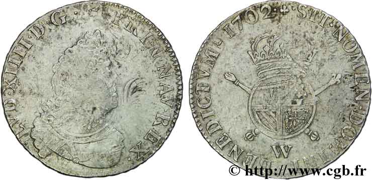 LOUIS XIV  THE SUN KING  Demi-écu de Flandre aux insignes, 1er type 1702 Lille XF