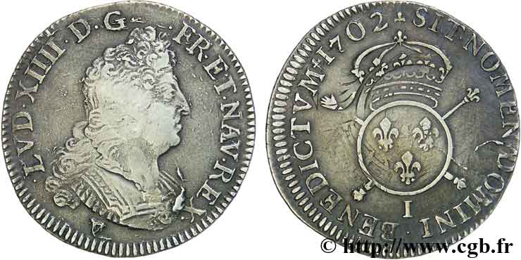 LOUIS XIV &nbsp;THE SUN KING&nbsp; Quart d&nbsp;écu aux insignes 1702 Limoges VF/XF