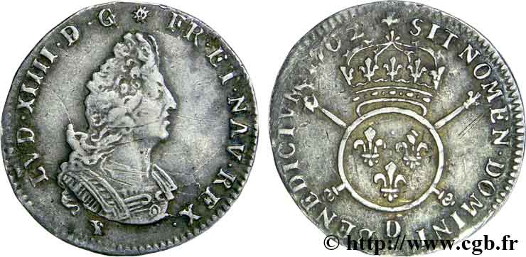 LOUIS XIV  THE SUN KING  Douzième d écu aux insignes, buste du type aux palmes 1702 Lyon VF/XF
