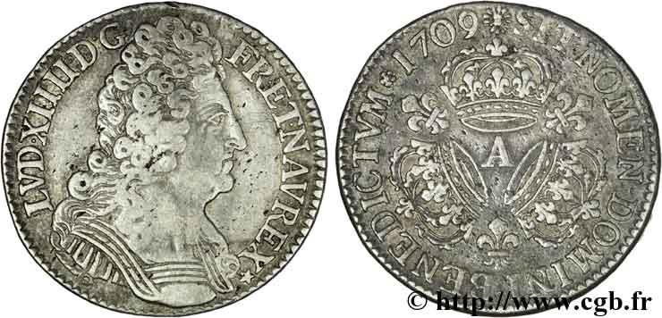 LOUIS XIV  THE SUN KING  Demi-écu aux trois couronnes 1709 Paris q.BB