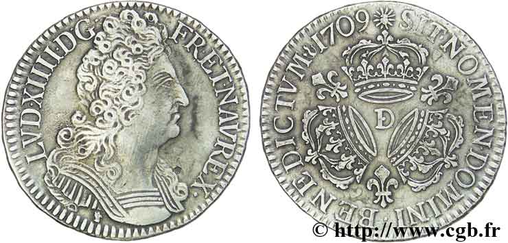 LOUIS XIV  THE SUN KING  Demi-écu aux trois couronnes 1709 Lyon XF/AU