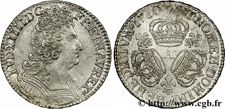 LOUIS XIV  THE SUN KING  Demi-écu aux trois couronnes 1710 Paris VZ/fST