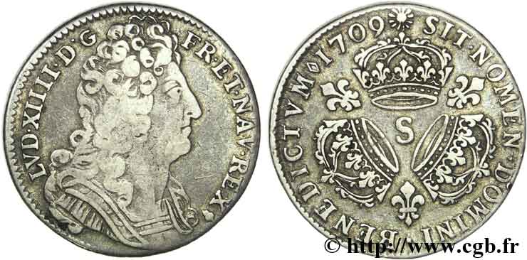 LOUIS XIV  THE SUN KING  Quart d écu aux trois couronnes 1709 Reims BC+/MBC