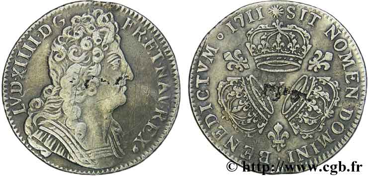 LOUIS XIV  THE SUN KING  Quart d écu aux trois couronnes 1711 Troyes SS