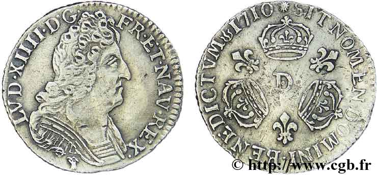 LOUIS XIV LE GRAND OU LE ROI SOLEIL Vingtième d&nbsp;écu aux trois couronnes 1710 Lyon TTB