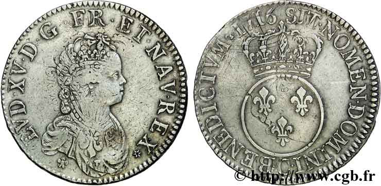 LOUIS XV  THE WELL-BELOVED  Écu dit  vertugadin  1716 Caen XF/AU