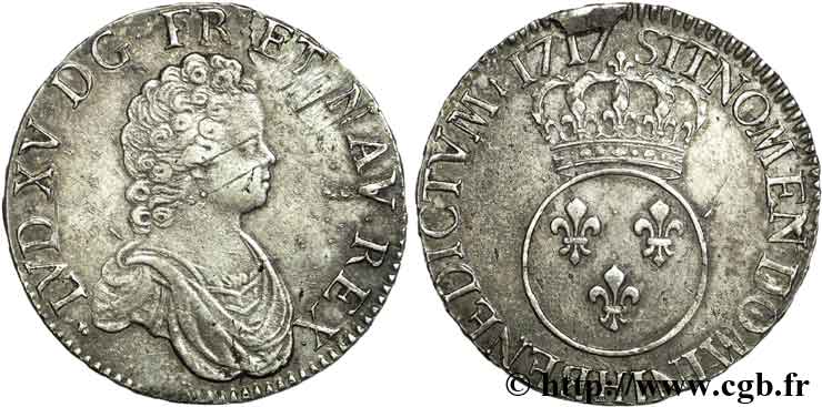 LOUIS XV DIT LE BIEN AIMÉ Écu dit &nbsp;vertugadin&nbsp; 1717 La Rochelle TTB/TTB+
