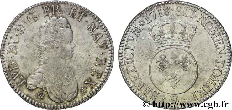 LOUIS XV  THE WELL-BELOVED  Écu dit  vertugadin  1718 Tours AU