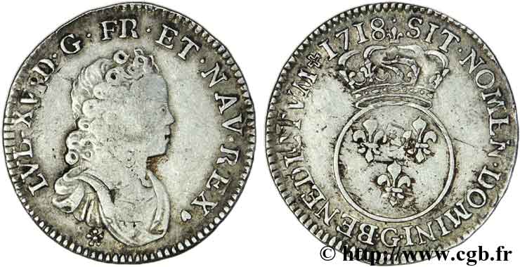 LOUIS XV  THE WELL-BELOVED  Dixième d écu dit  vertugadin  1718 Poitiers VF/XF