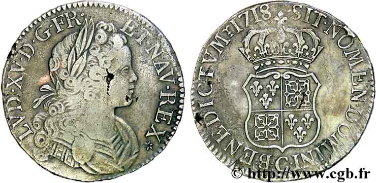 LOUIS XV DIT LE BIEN AIMÉ Écu de Navarre 1718 Caen TTB/TTB+