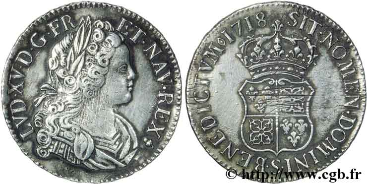 LOUIS XV  THE WELL-BELOVED  Écu de Navarre 1718 Reims fVZ