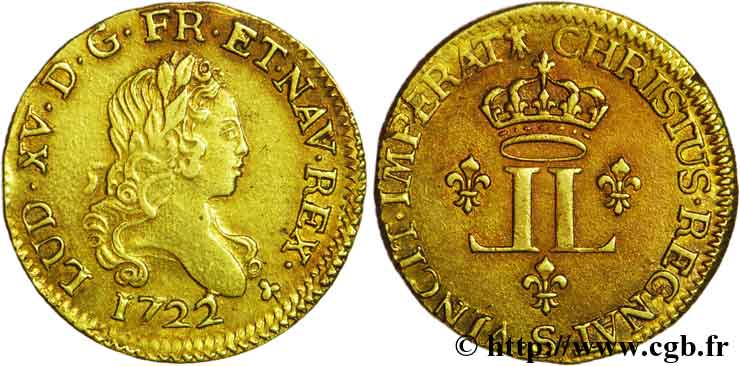 LOUIS XV THE BELOVED Louis d or aux deux L couronnées (fausse réformation) 1722 Reims XF