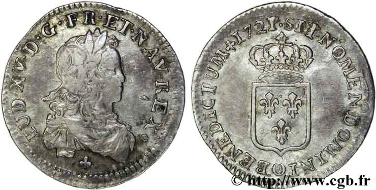 LOUIS XV  THE WELL-BELOVED  Sixième d écu de France 1721 Riom VF