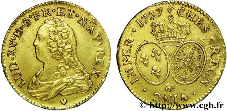 LOUIS XV  THE WELL-BELOVED  Louis d or aux écus ovales, buste habillé 1727 Aix-en-Provence fVZ