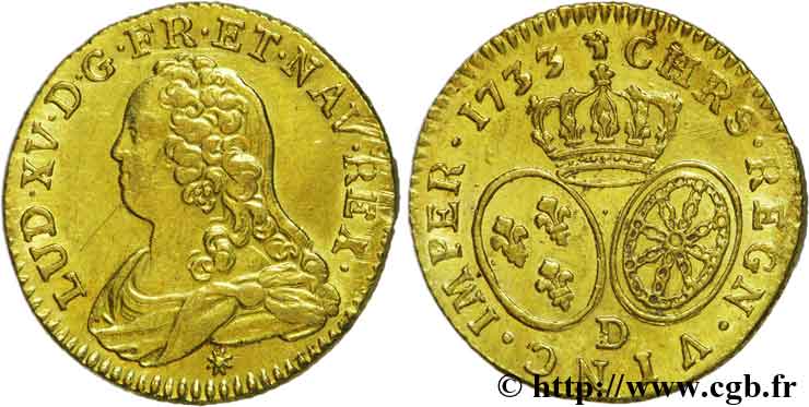 LOUIS XV DIT LE BIEN AIMÉ Louis d&nbsp;or aux écus ovales, buste habillé 1733 Lyon SUP/SPL