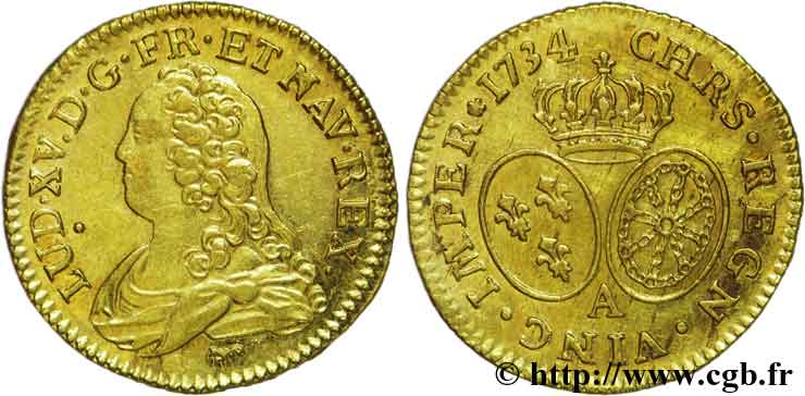 LOUIS XV DIT LE BIEN AIMÉ Louis d&nbsp;or aux écus ovales, buste habillé 1734 Paris TTB+/SUP