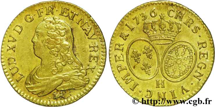 LOUIS XV  THE WELL-BELOVED  Louis d or aux écus ovales, buste habillé 1736 La Rochelle fVZ/VZ
