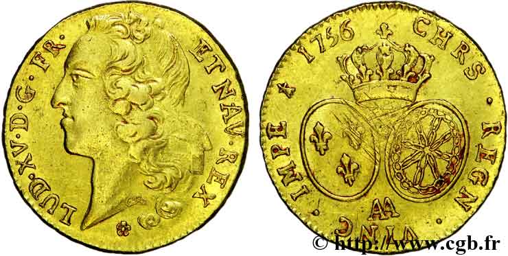 LOUIS XV DIT LE BIEN AIMÉ Double louis d’or aux écus ovales, tête ceinte d’un bandeau 1756 Metz TTB