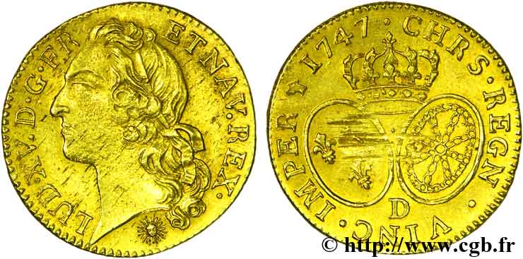 LOUIS XV  THE WELL-BELOVED  Louis d’or aux écus ovales, tête ceinte d’un bandeau 1747 Lyon fVZ