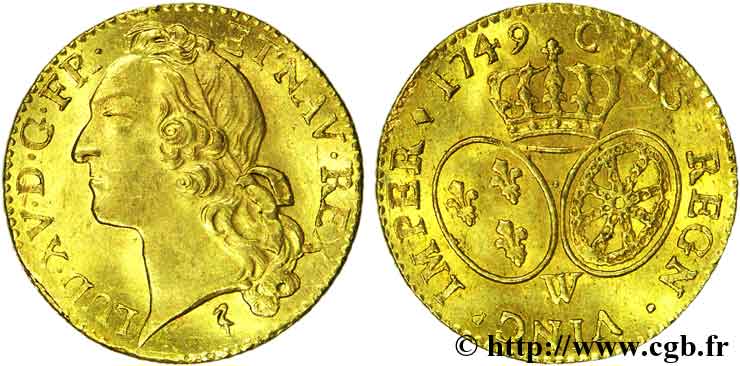 LOUIS XV  THE WELL-BELOVED  Louis d’or aux écus ovales, tête ceinte d’un bandeau 1749 Lille EBC/SC