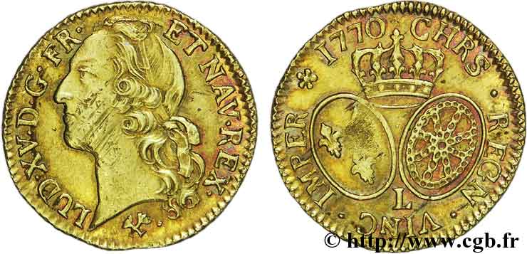 LOUIS XV DIT LE BIEN AIMÉ Louis d’or aux écus ovales, tête ceinte d’un bandeau 1770 Bayonne TTB