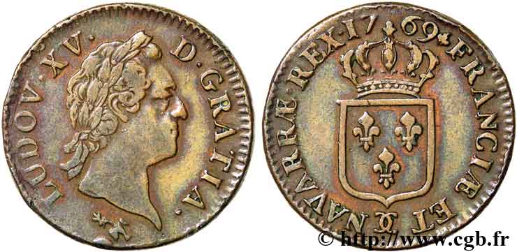 LOUIS XV DIT LE BIEN AIMÉ Sol dit &nbsp;à la vieille tête&nbsp; 1769 Besançon TTB