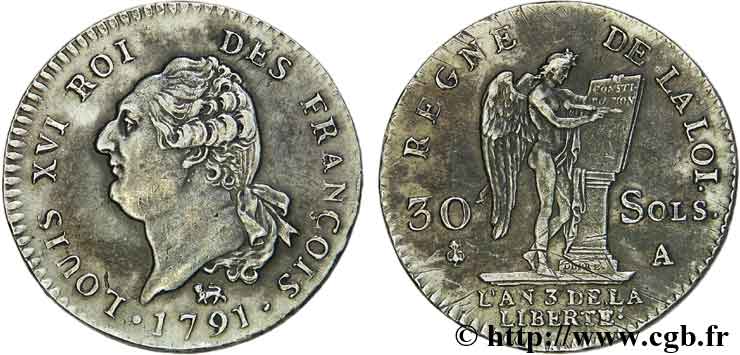 LOUIS XVI 30 sols dit  au génie , type FRANÇOIS 1791 Paris AU