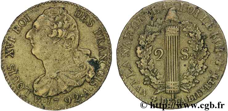 LOUIS XVI 2 sols dit  au faisceau , type FRANÇOIS 1792 Paris EBC/MBC+