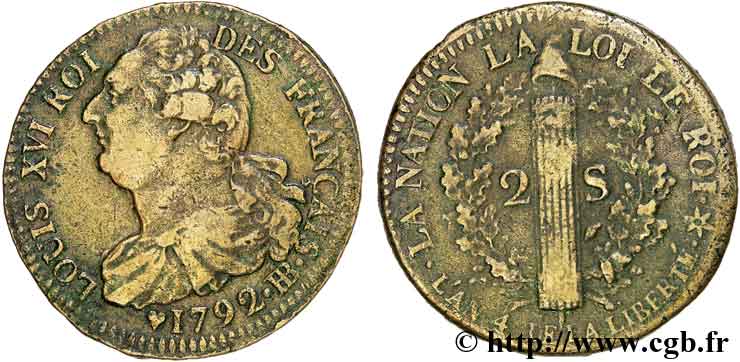 LOUIS XVI 2 sols dit  au faisceau , type FRANÇAIS 1792 Strasbourg SS/fSS