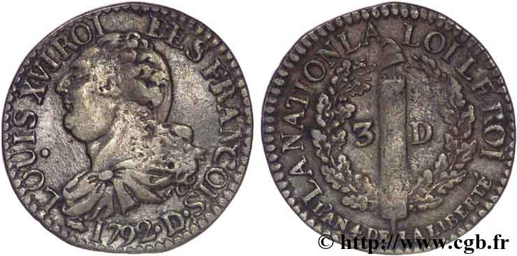 LOUIS XVI 3 deniers dit  au faisceau , type FRANÇOIS 1792 Lyon BB