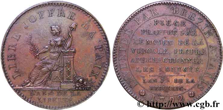 REVOLUTION COINAGE / CONFIANCE (MONNAIES DE…) Essai de Brézin à la Paix, avec MONNOYE 1792 Paris AU