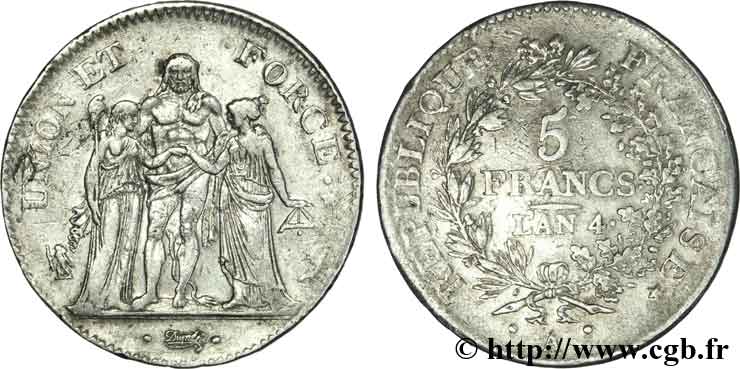 5 francs Union et Force, Union serré, avec glands intérieurs et gland extérieur 1796 Paris F.288/1 XF 