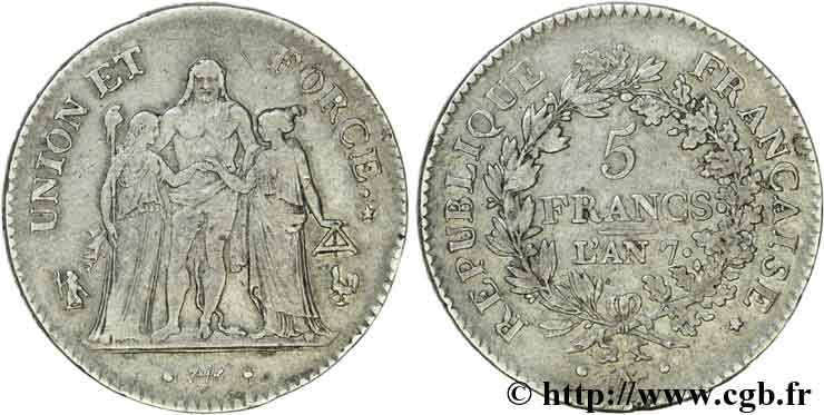 5 francs Union et Force, Union serré, avec glands intérieurs et gland extérieur 1799 Paris F.288/95 XF 