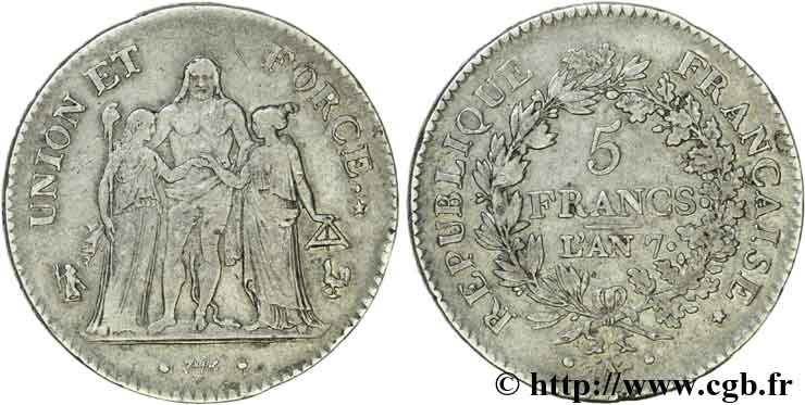 5 francs Union et Force, Union serré, avec glands intérieurs et gland extérieur 1799 Paris F.288/95 BB 