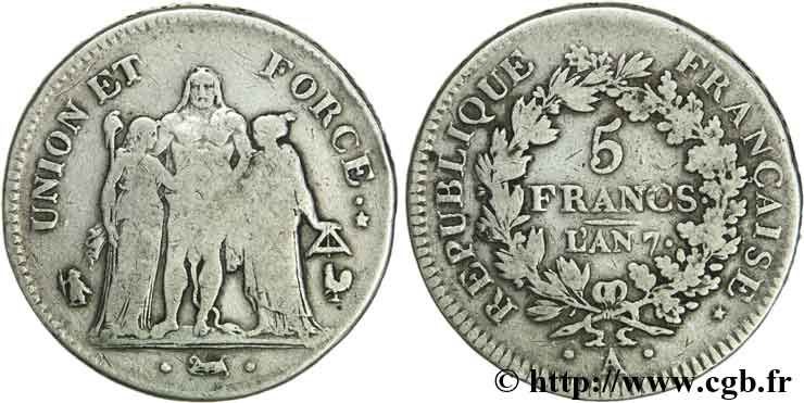 5 francs Union et Force, Union serré, gland intérieur haut, gland extérieur, petite feuille 1799 Paris F.288/100 S 