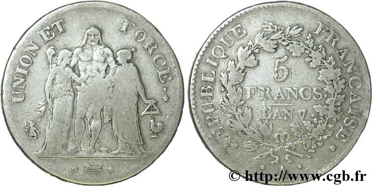 5 francs Union et Force, Union serré, gland intérieur haut, gland extérieur, petite feuille 1799 Paris F.288/104 VF 
