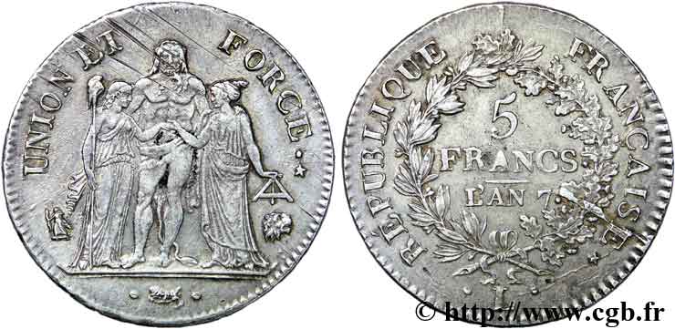 5 francs Union et Force, Union serré, avec glands intérieurs et gland extérieur 1799 Bayonne F.288/111 BB 