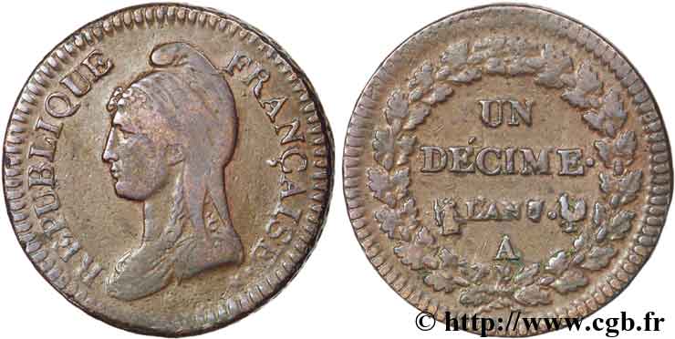 Un décime Dupré, grand module, incuse refrappée 1799 Paris F.129/24 TTB 