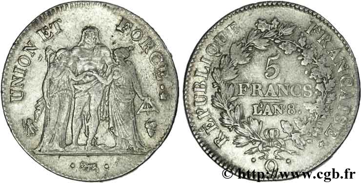 5 francs Union et Force, Union serré, avec glands intérieurs et gland extérieur 1800 Perpignan F.288/149 XF 