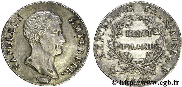 Demi-franc Napoléon empereur, calendrier grégorien, monnaie fourrée avec coins officiels 1806 Paris F.175/1 XF 