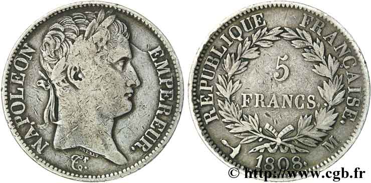 5 francs Napoléon empereur, République française 1808 Toulouse F.306/10 MB 