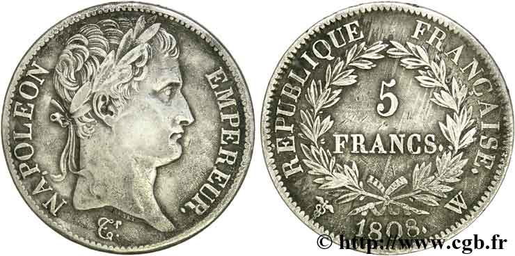 5 francs Napoléon empereur, République française 1808 Lille F.306/15 XF 