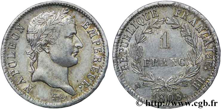 1 franc Napoléon Ier tête laurée, République française 1808 Strasbourg F.204/4 EBC 