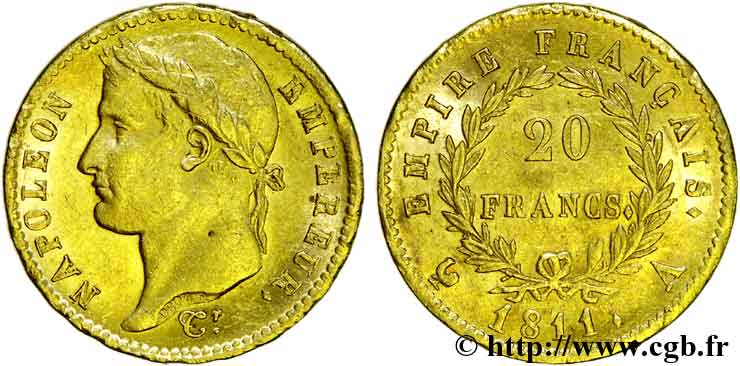 20 francs or Napoléon Ier, tête laurée, Empire français 1811 Paris F.516/16 AU 