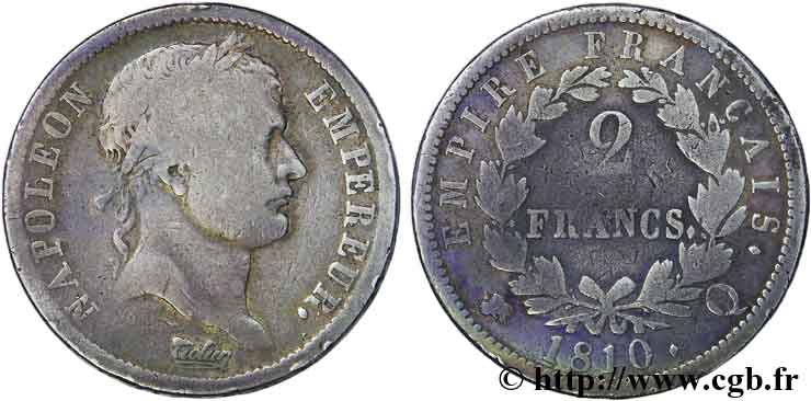 2 francs Napoléon Ier tête laurée, Empire français 1810 Perpignan F.255/21 VG 