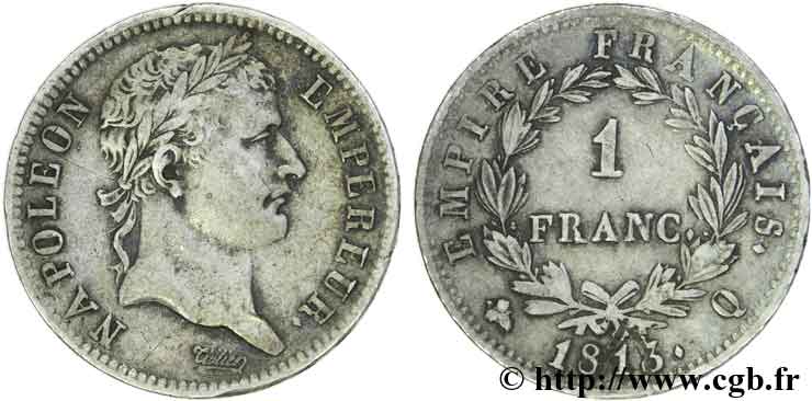1 franc Napoléon Ier tête laurée, Empire français 1813 Perpignan F.205/68 VF 