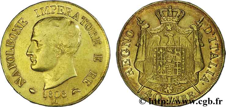 40 lires en or, 1er type, tranche en relief 1808 Milan VG.1311  XF 