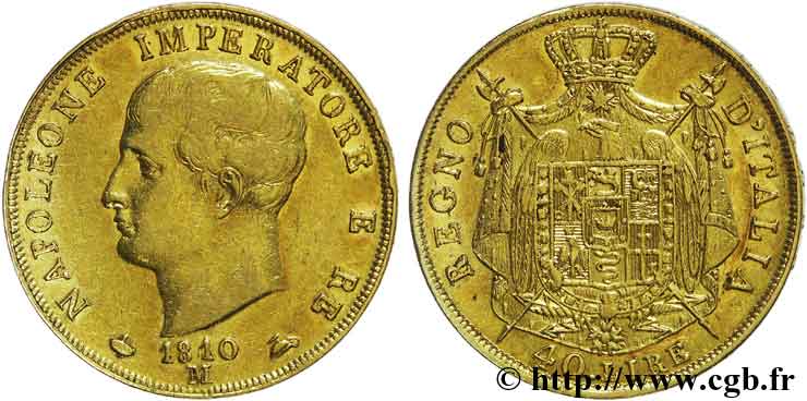 40 lires en or, 2e type, tranche en creux 1810 Milan VG.1345  SS 