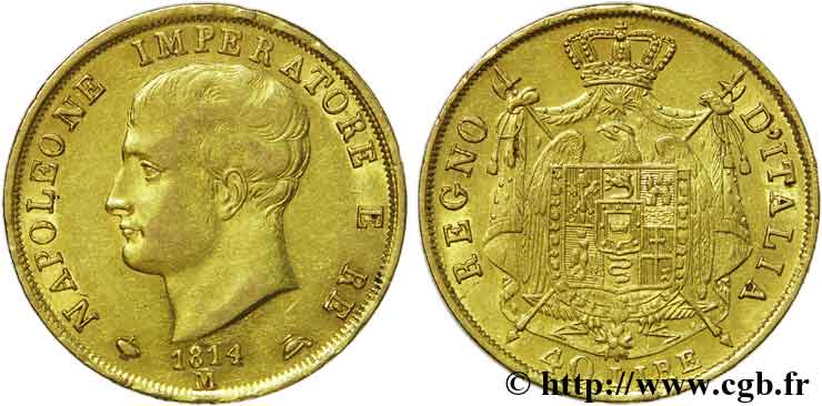 40 lires en or, 2e type, tranche en creux 1814 Milan VG.1394  BB 